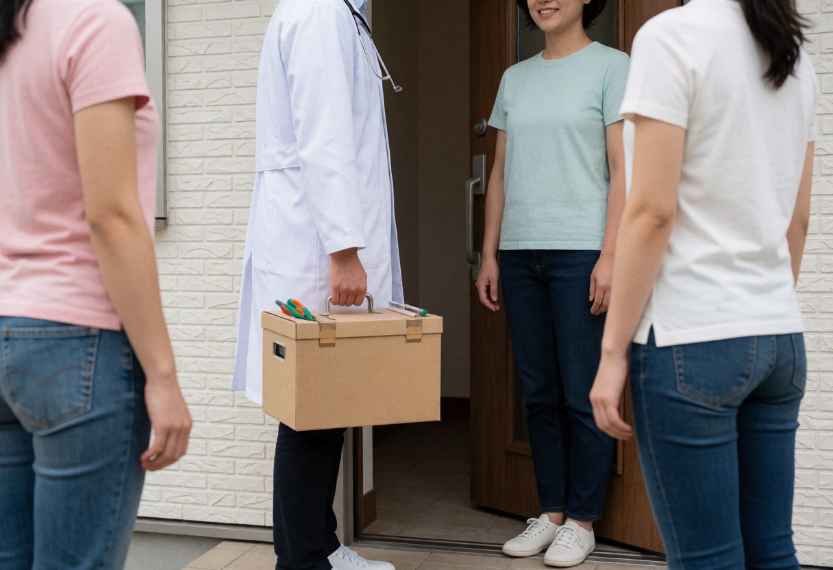 A veterinarian in a white coat carrying a medical kit walks toward a door while a client and others watch from the threshold.