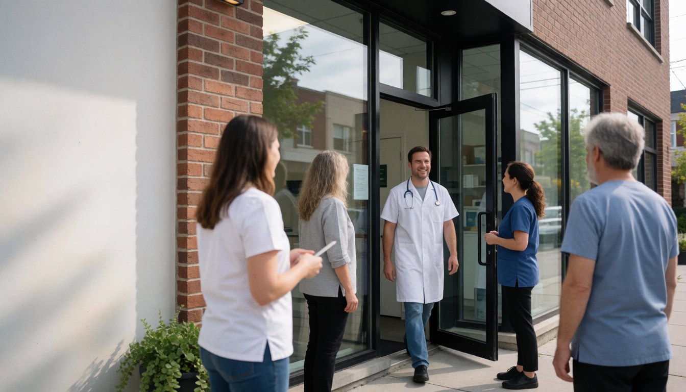 A veterinarian exits a modern brick and glass clinic building carrying medical gear, surrounded by staff and clients.
