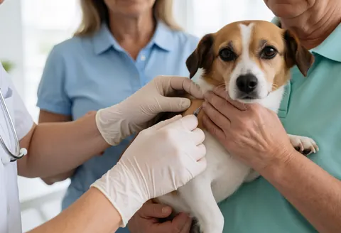 A veterinarian wearing gloves administers a vaccine to a dog held by its owner in a clean, well-lit veterinary clinic.
