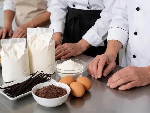 Hands of bakers mixing eggs, vanilla, and flour on a stainless steel table in a bakery setting
