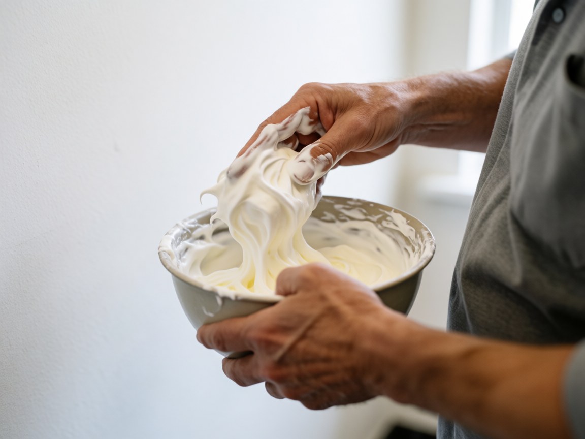 Hands mixing creamy meringue in a metal bowl against a white wall with bright lighting for bakery product photography