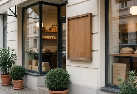 Cozy and clean bakery exterior featuring a glass display case, potted plants, and cardboard boxes on the sidewalk.
