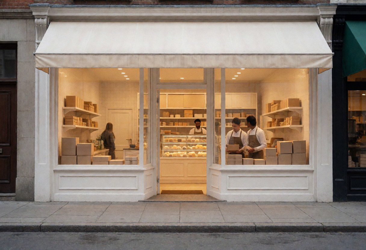 Bakery facade featuring staff in aprons, stacked cake boxes, and a lit display case creating a warm and inviting atmosphere.