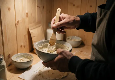 Hands mixing dough in a ceramic bowl on a wooden table in a bakery setting
