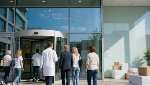 Group of people walking through a revolving door of a glass-fronted clinic with ample copy space on the right side