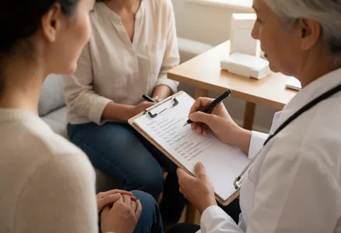 A female medical professional with a stethoscope writes on a form while attending to a seated client in a naturally lit consultation room.