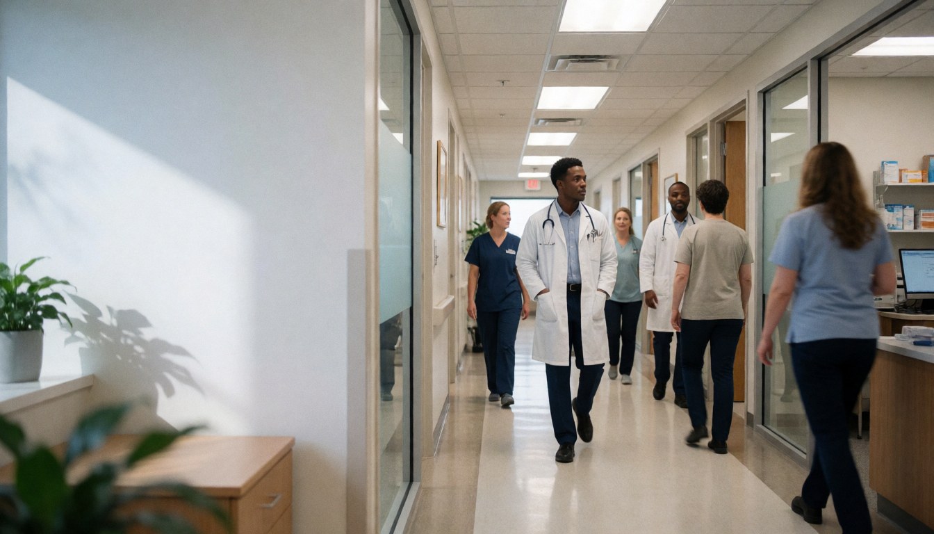 Medical staff walking down a modern clinic hallway with visible plants and computers, showing the healthcare environment.