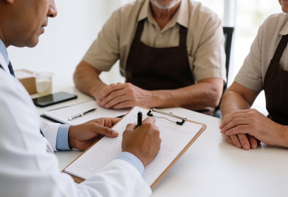 Medical professional writing on a clipboard while two patients in aprons observe in a clean clinic setting.