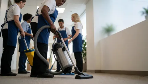 Professional cleaning staff vacuuming an office corridor with a mop nearby, providing copy space for advertising.