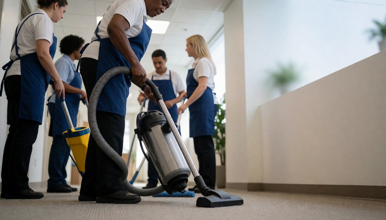 Professional cleaning staff vacuuming an office corridor with a mop nearby, providing copy space for advertising.