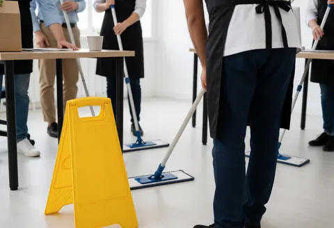 Worker using a flat mop to clean an office floor, with a yellow wet floor sign visible and work desks in the background.
