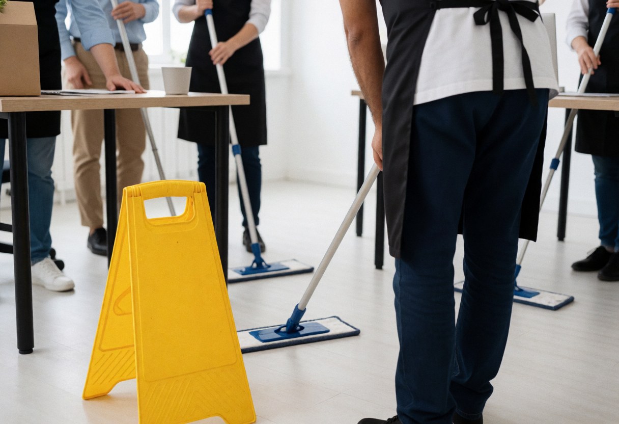 Worker using a flat mop to clean an office floor, with a yellow wet floor sign visible and work desks in the background.