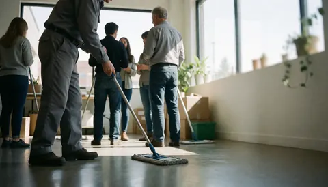 A cleaner using a mop on a polished floor in a modern office with natural light, suitable for cleaning service marketing.