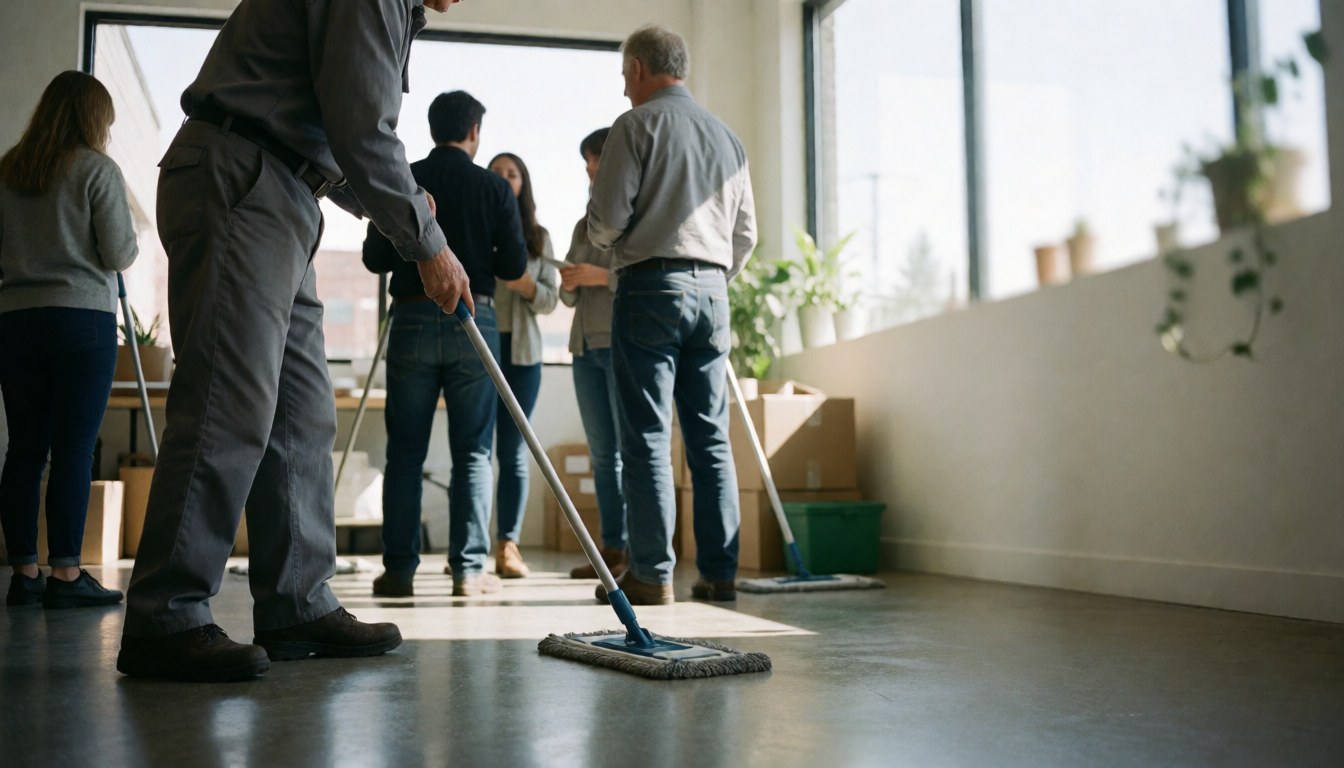 A cleaner using a mop on a polished floor in a modern office with natural light, suitable for cleaning service marketing.