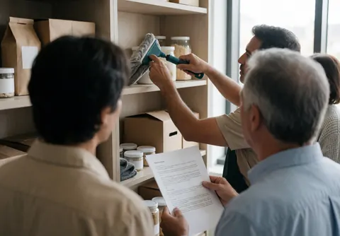 A cleaner uses a blue cloth to wipe a shelf in an office setting with natural light and documents visible nearby