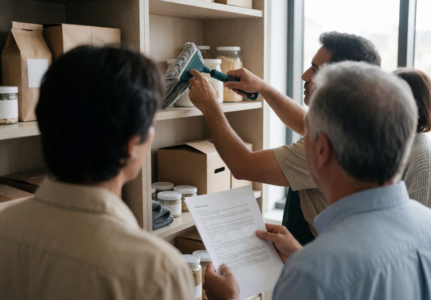 A cleaner uses a blue cloth to wipe a shelf in an office setting with natural light and documents visible nearby