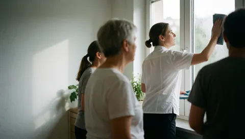 A woman in a white shirt cleans an apartment window with a towel while people watch from inside.