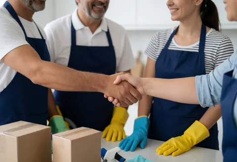 A smiling customer and cleaning staff shaking hands in a modern kitchen with visible gloves and a mop.