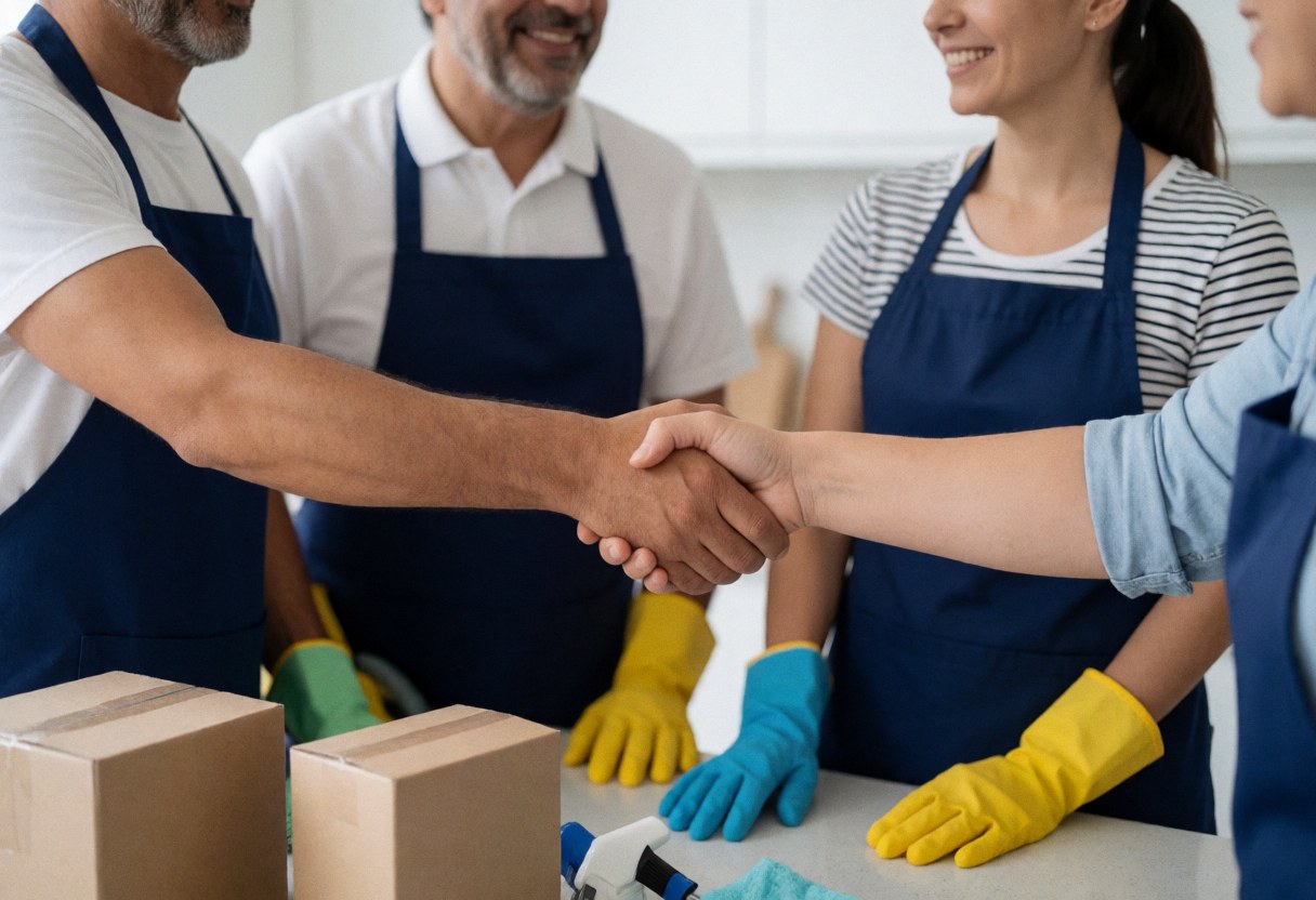 A smiling customer and cleaning staff shaking hands in a modern kitchen with visible gloves and a mop.