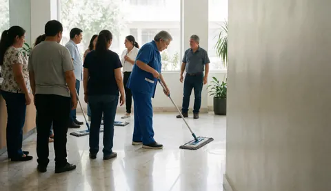 A professional cleaner in a blue uniform mops a polished marble floor in a bright modern office while colleagues observe the work.