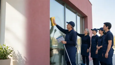 A team of cleaners in blue uniforms cleaning glass windows on the exterior of a modern building with pink walls.
