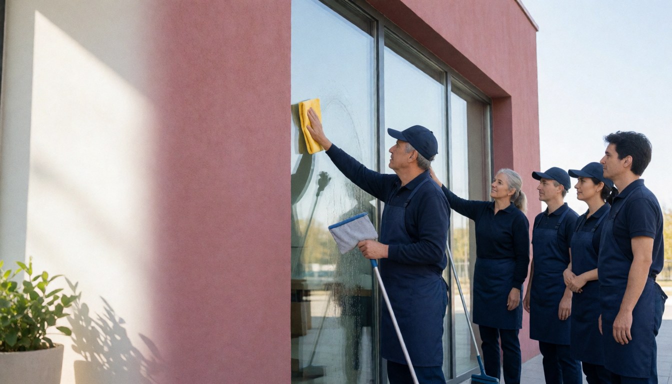 A team of cleaners in blue uniforms cleaning glass windows on the exterior of a modern building with pink walls.