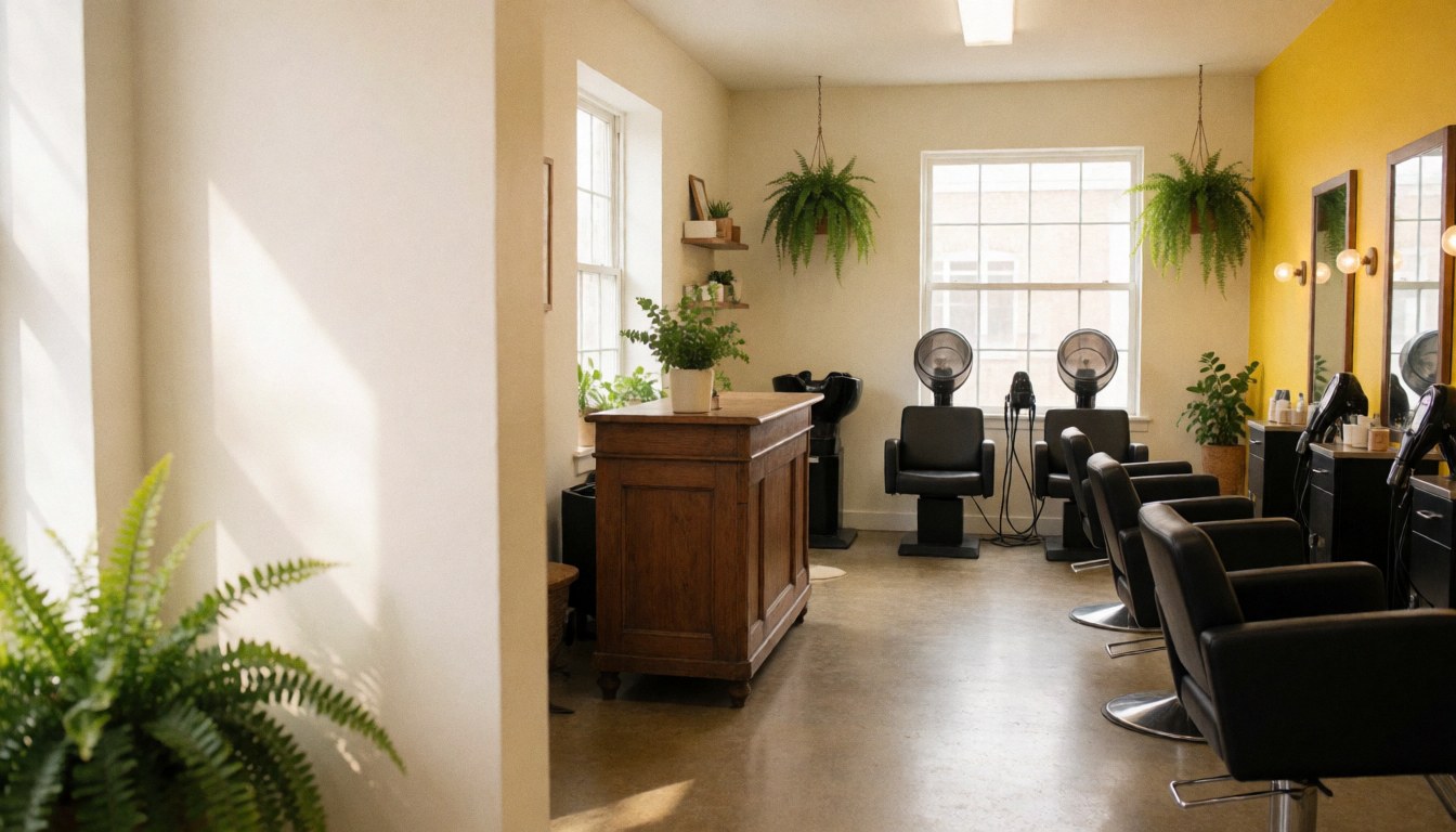 Hair salon interior featuring black chairs, hair dryers, hanging plants, a yellow wall, and a wooden reception desk.
