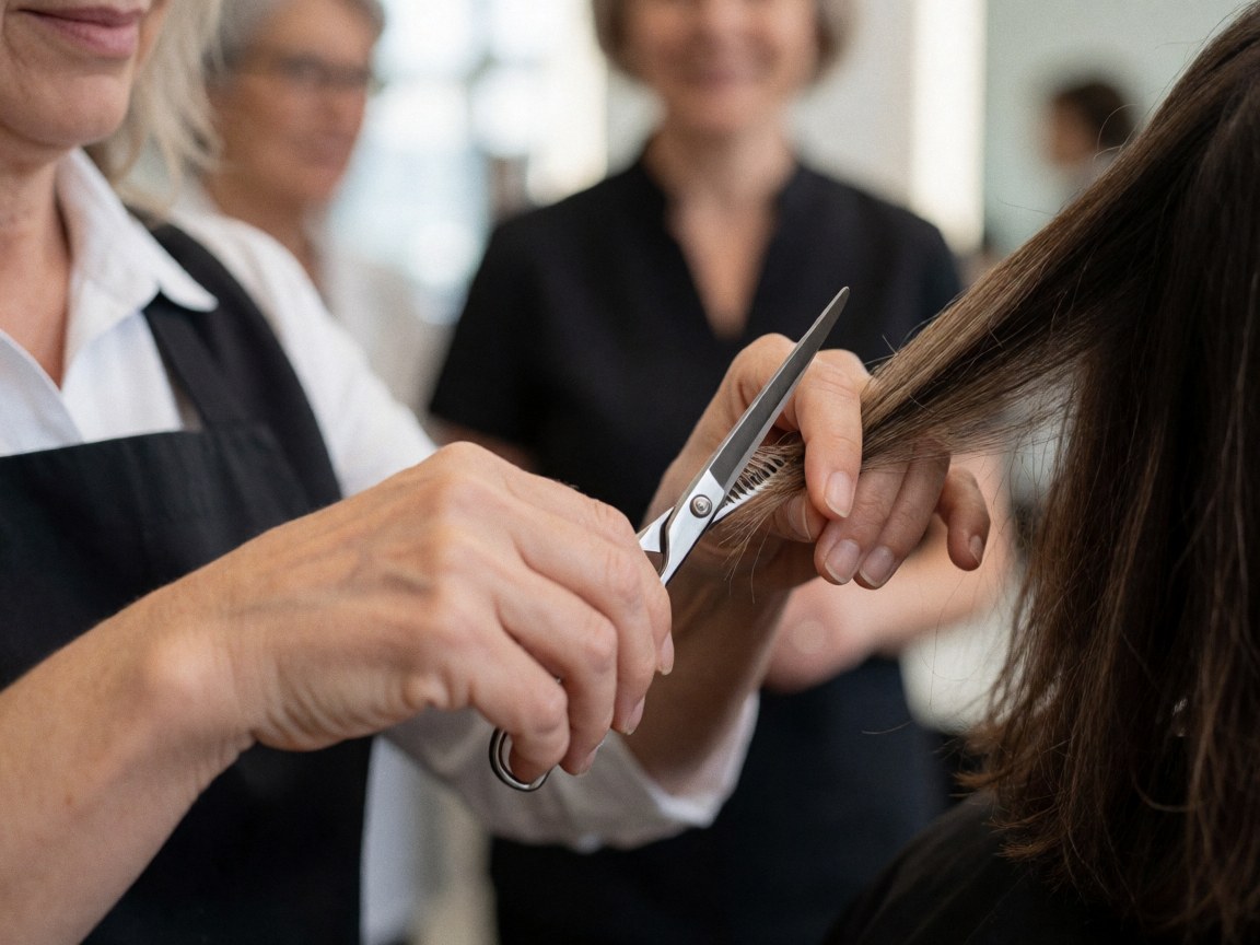 Professional hairdresser cutting hair with scissors in a salon with a blurred background and visible tools