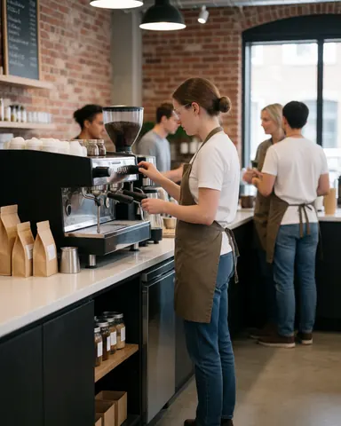 Barista wearing glasses and apron adjusting coffee grinder in cafe with brick walls and industrial lighting
