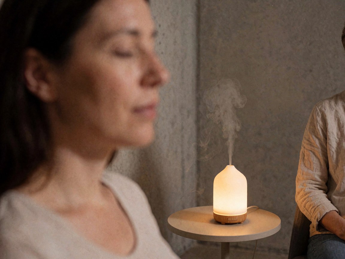 A pregnant woman sitting calmly next to an essential oil diffuser against a concrete wall with warm lighting.