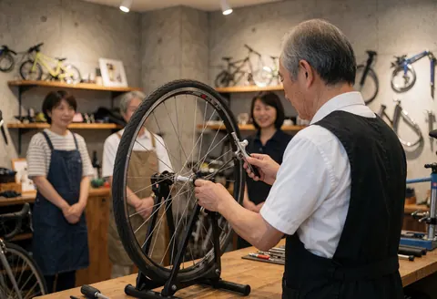 Bicycle mechanic adjusting a wheel with tools in a concrete workshop with bikes hanging in the background