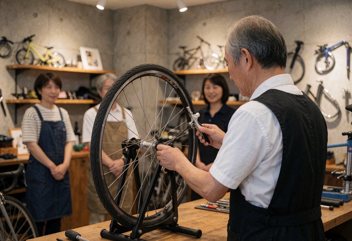 Bicycle mechanic adjusting a wheel with tools in a concrete workshop with bikes hanging in the background