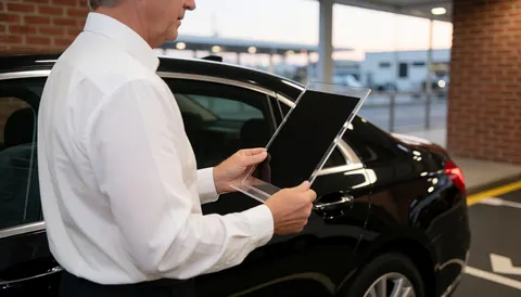 Taxi driver with acrylic screen next to black sedan at airport during sunset