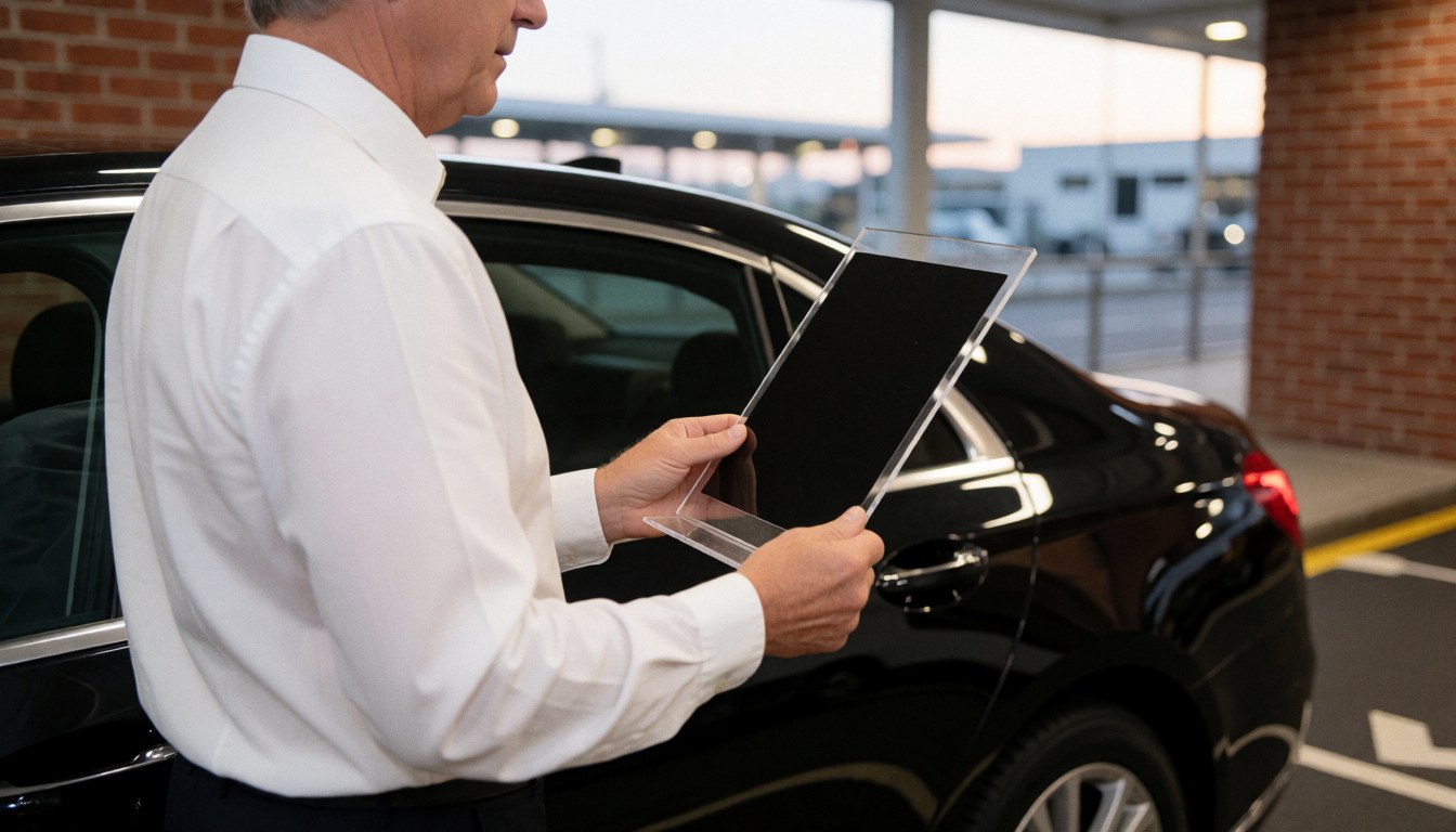 Taxi driver with acrylic screen next to black sedan at airport during sunset