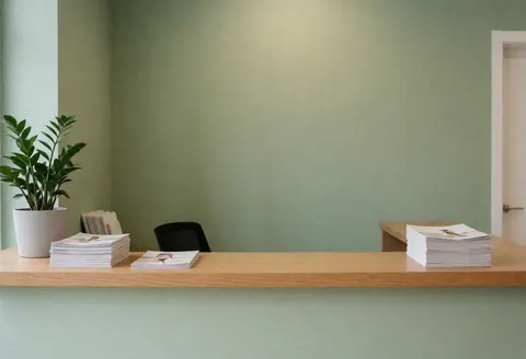 Dance school reception area featuring a wooden desk, green plants, brochures, and olive green walls creating a cozy atmosphere.