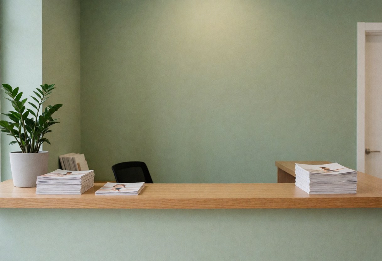 Dance school reception area featuring a wooden desk, green plants, brochures, and olive green walls creating a cozy atmosphere.