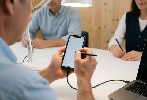 Technician testing smartphone with stylus connected to laptop in office with light wood, three people in work meeting.