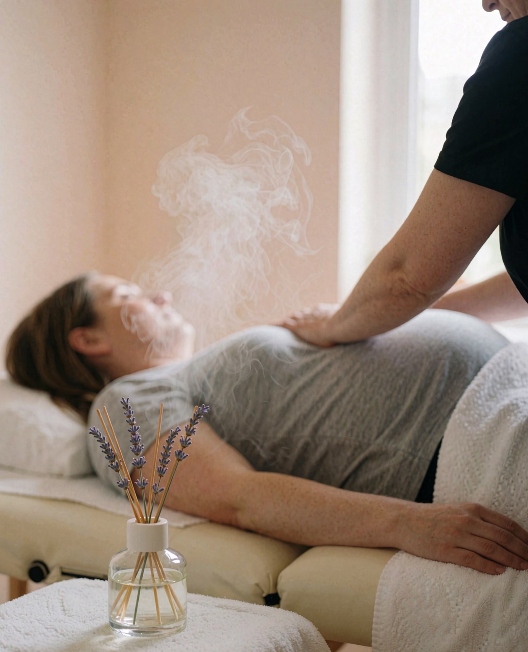 Pregnant woman receiving a massage on a table with a lavender diffuser in the foreground and beige walls.