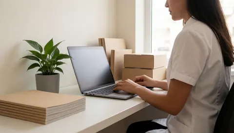 A person organizing shipping boxes next to a plant on a desk in a modern office setting.