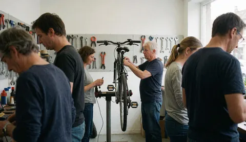 Senior mechanic adjusts a bicycle mounted on a repair stand while several people observe in a bike shop with tools on the wall.