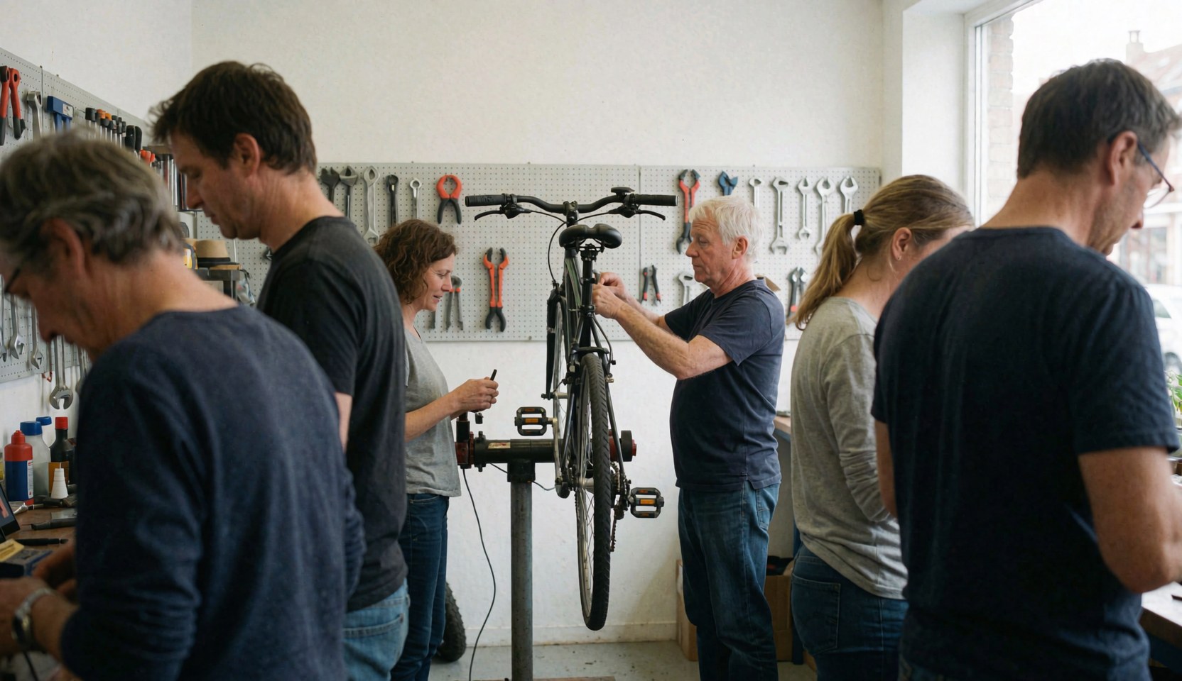 Senior mechanic adjusts a bicycle mounted on a repair stand while several people observe in a bike shop with tools on the wall.