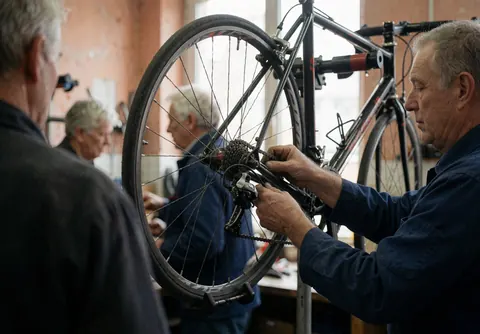 Mechanic adjusting a bicycle derailleur in a workshop with terracotta plaster walls and natural light