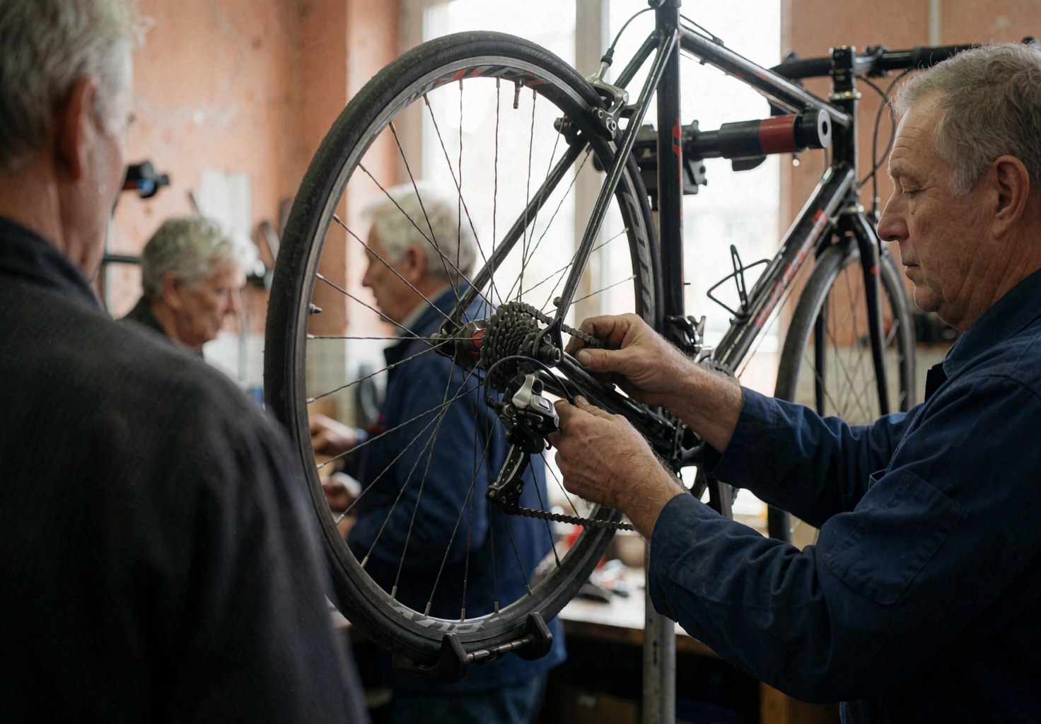 Mechanic adjusting a bicycle derailleur in a workshop with terracotta plaster walls and natural light