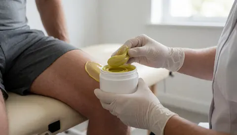 Close-up of hands applying yellow cream to an athlete's leg during a sports massage session on a treatment table