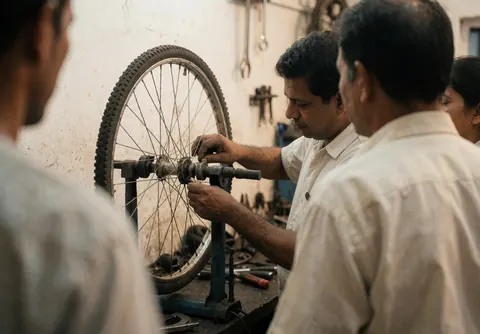 Close-up of mechanic hands adjusting a bicycle wheel rim using tools in a workshop setting for bike repair service