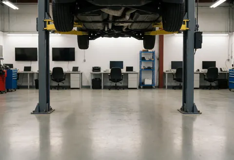 Car raised on hydraulic lift in clean auto repair garage with polished concrete floor and computer workstations