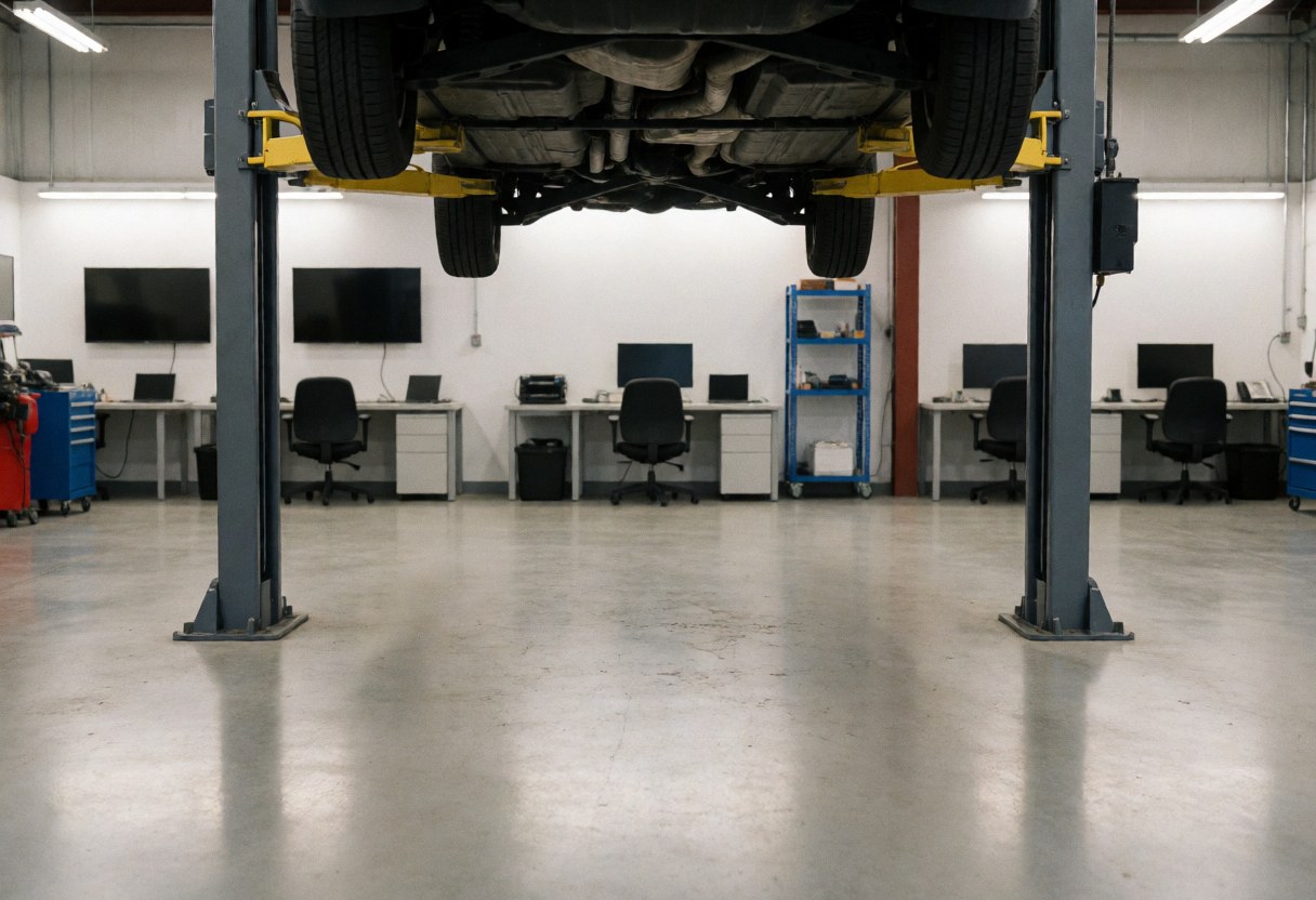 Car raised on hydraulic lift in clean auto repair garage with polished concrete floor and computer workstations
