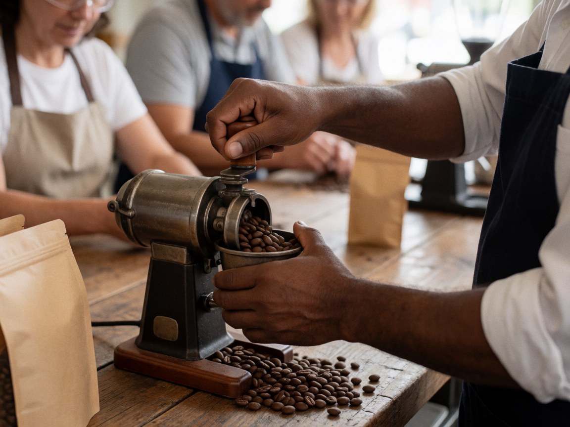 Hands of a barista grinding coffee beans in a vintage burr grinder on a rustic wooden table in a coffee shop with natural light.