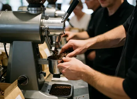 Close-up of hands gathering freshly ground coffee from a commercial coffee machine in a coffee shop setting, highlighting the preparation process.