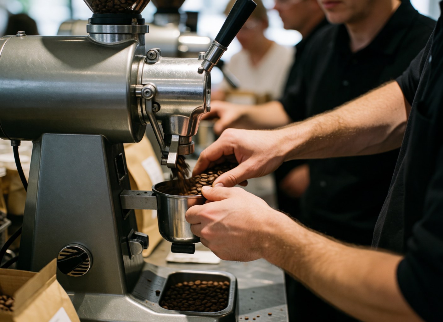 Close-up of hands gathering freshly ground coffee from a commercial coffee machine in a coffee shop setting, highlighting the preparation process.
